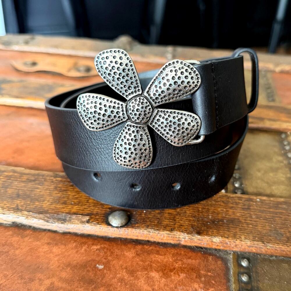 Silpada Black Leather Flower Belt Size with Silver Metal Flower Buckle